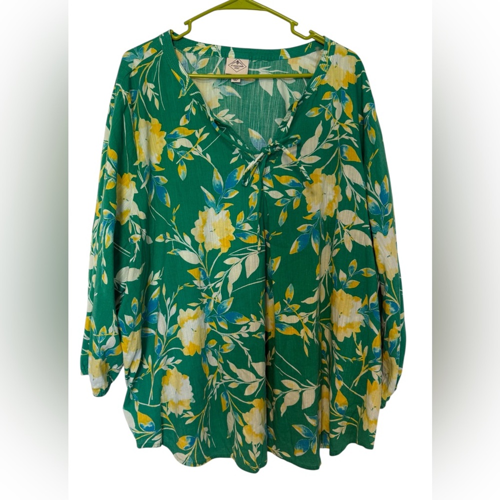 St. John's Bay Whimsical Cottage Core Floral Flowy Peasant Top Green sz2X